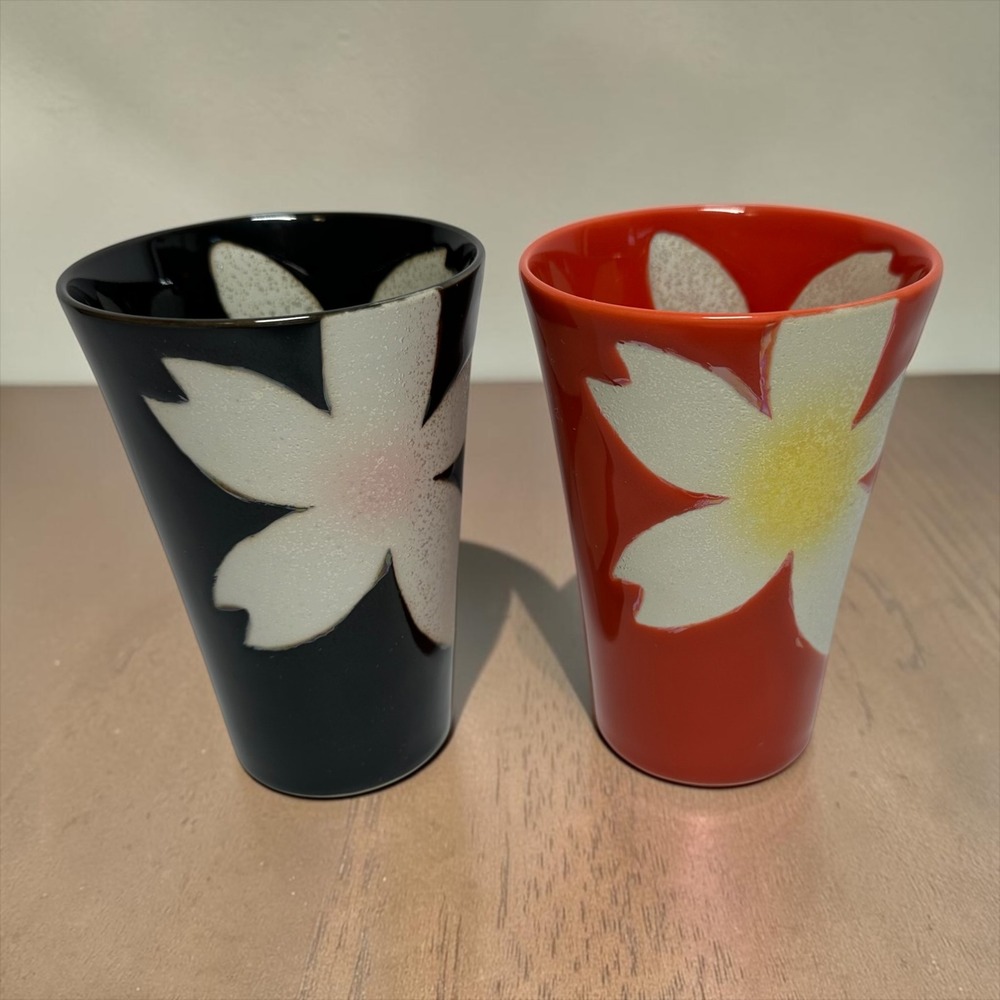 Japanese Sakura Ceramic Beer Tumblers Set 2 Red Black Cherry Blossom Cups